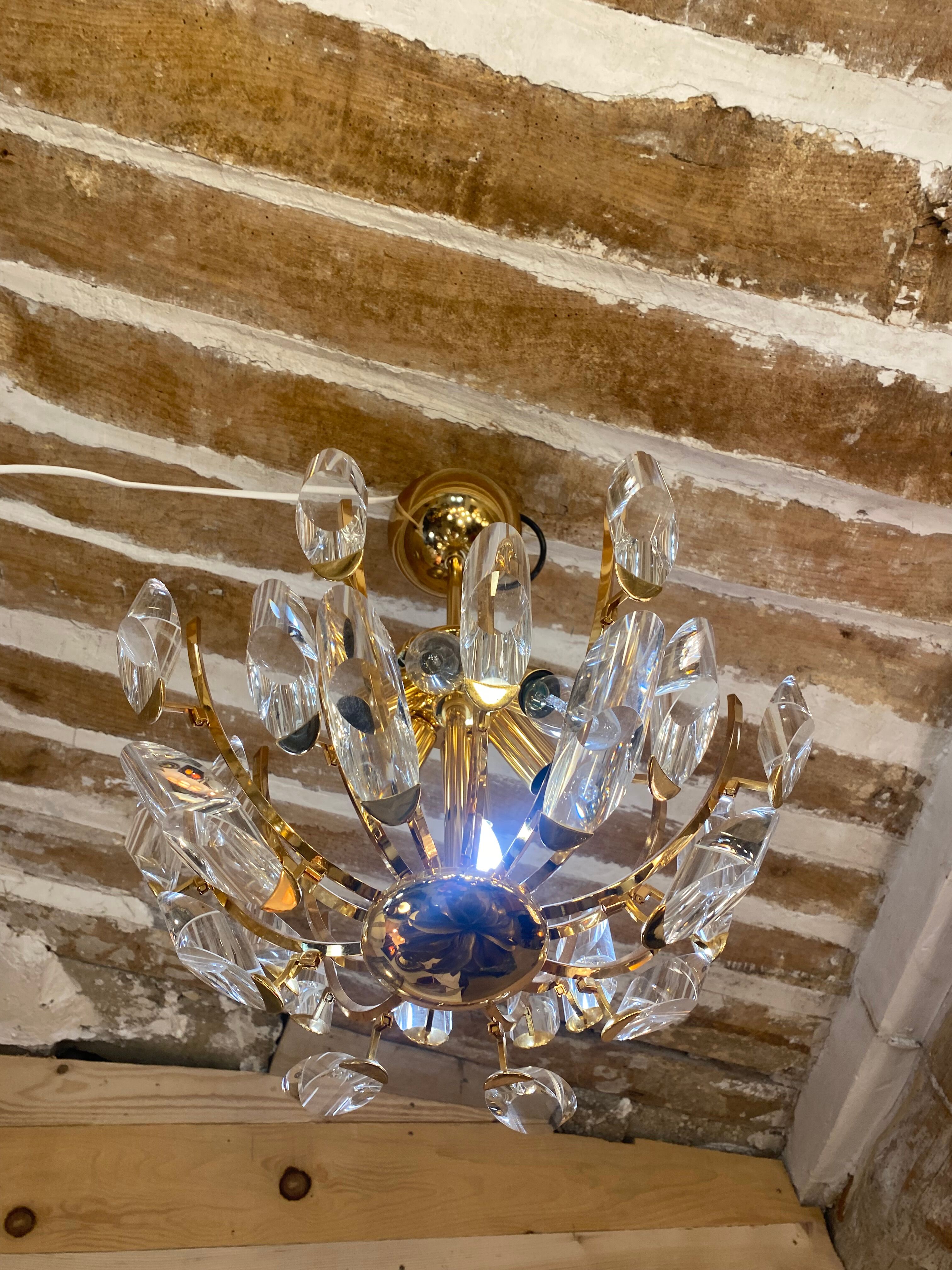 Gilded and crystalline metal chandelier 1950