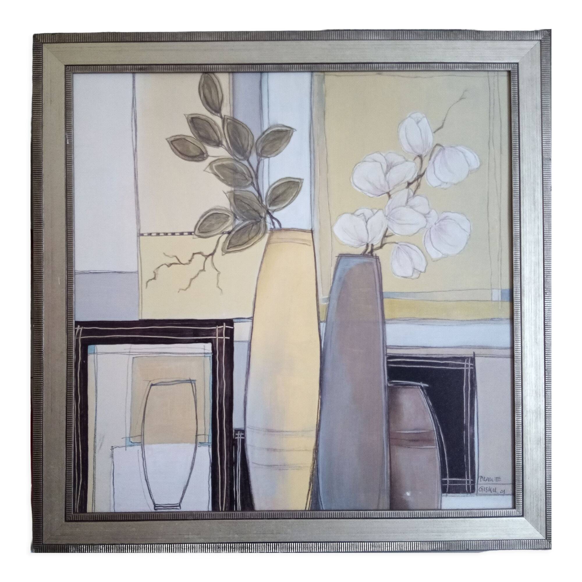 Still life with vase and flowers, oil on panel signed Dlawe Gisku, year 2001