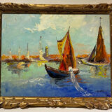 Tableau ancien, Marine à Saint-Tropez, signé, années 50/60