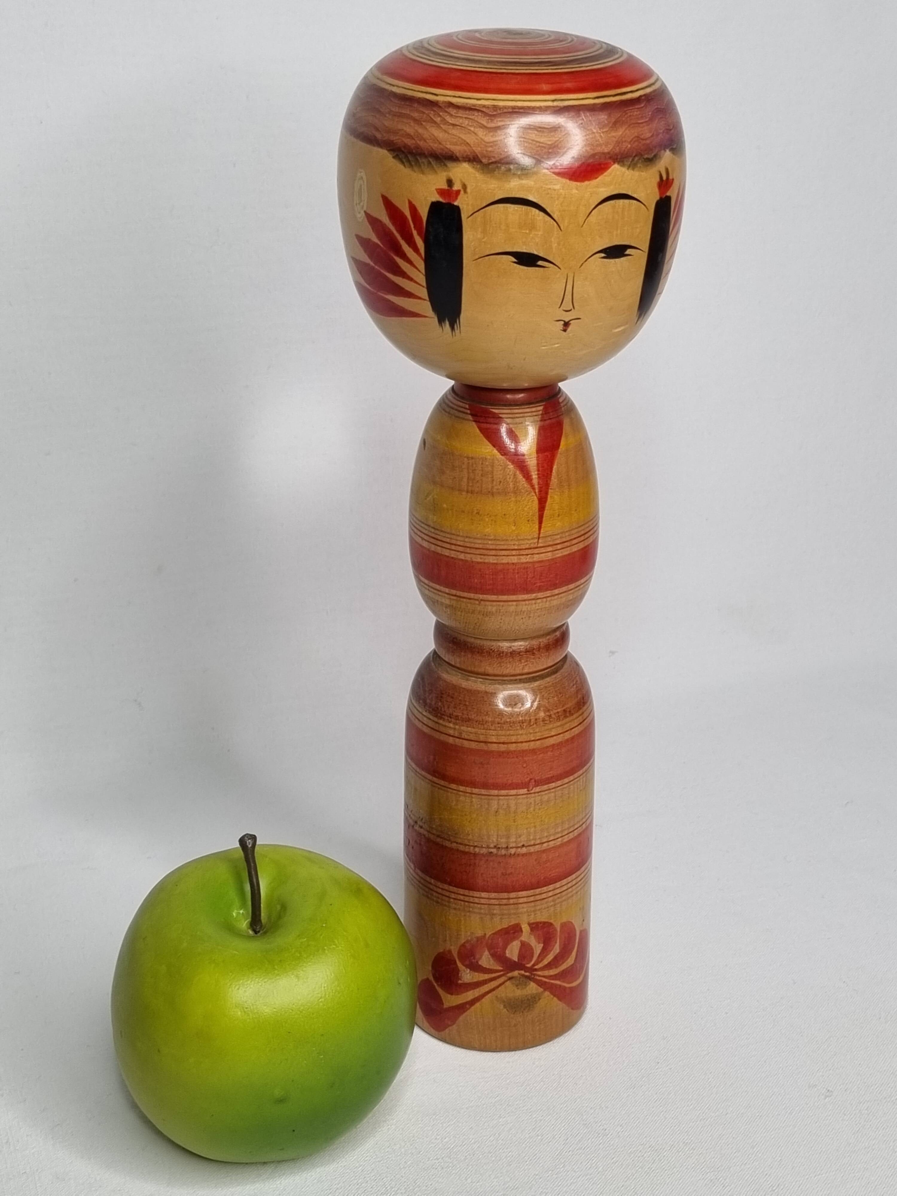 Large traditional Japanese Kokeshi doll dated 1958, hand painted, 30 cm