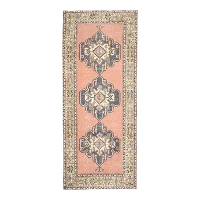 Vintage Turkish Oushak handmade wool cotton brown runner rug 143x347