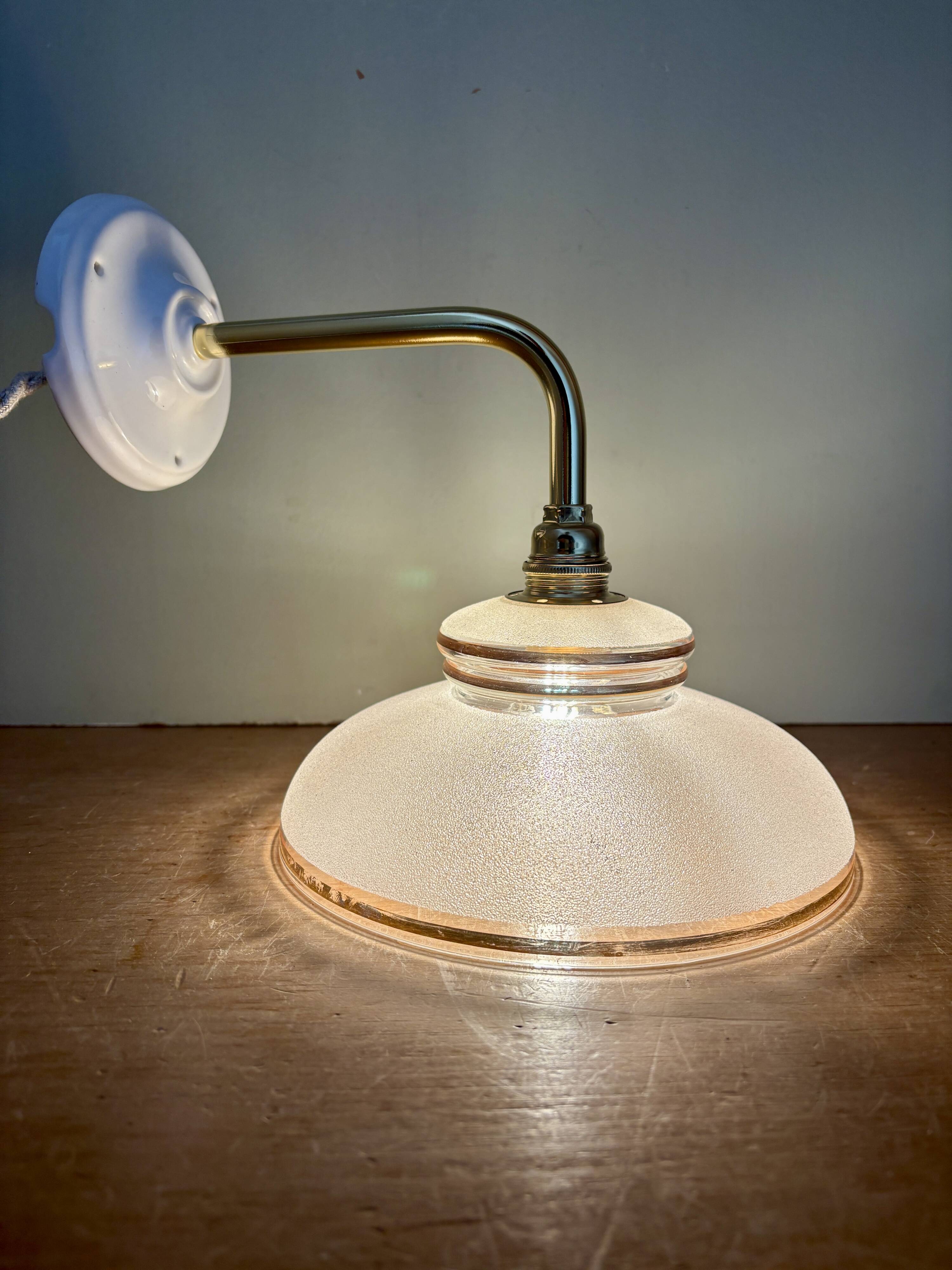 Vintage elbow wall lamp with white and gold granite glass shade