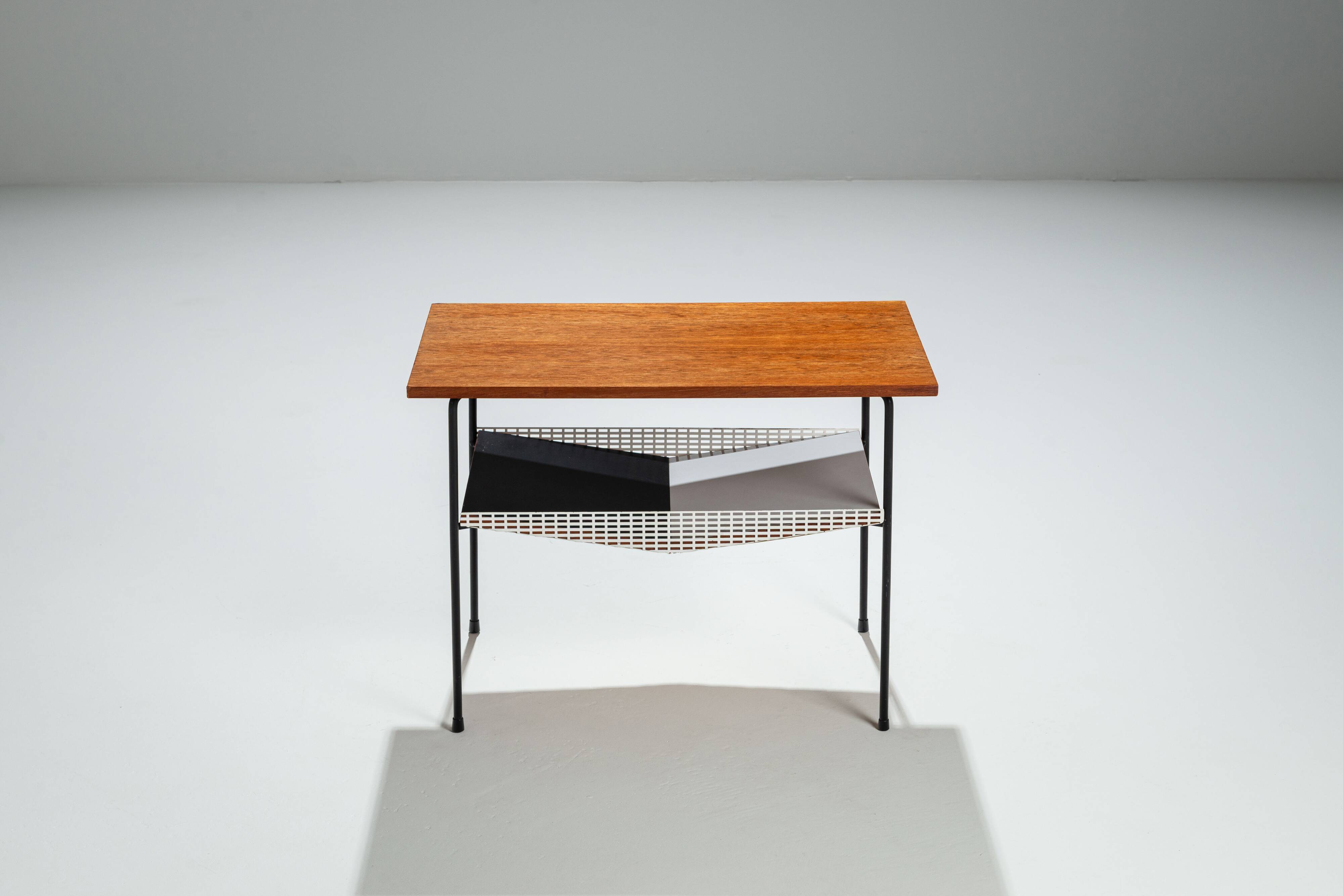 Sidetable with teak top and black and white storage shelves