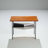 Sidetable with teak top and black and white storage shelves
