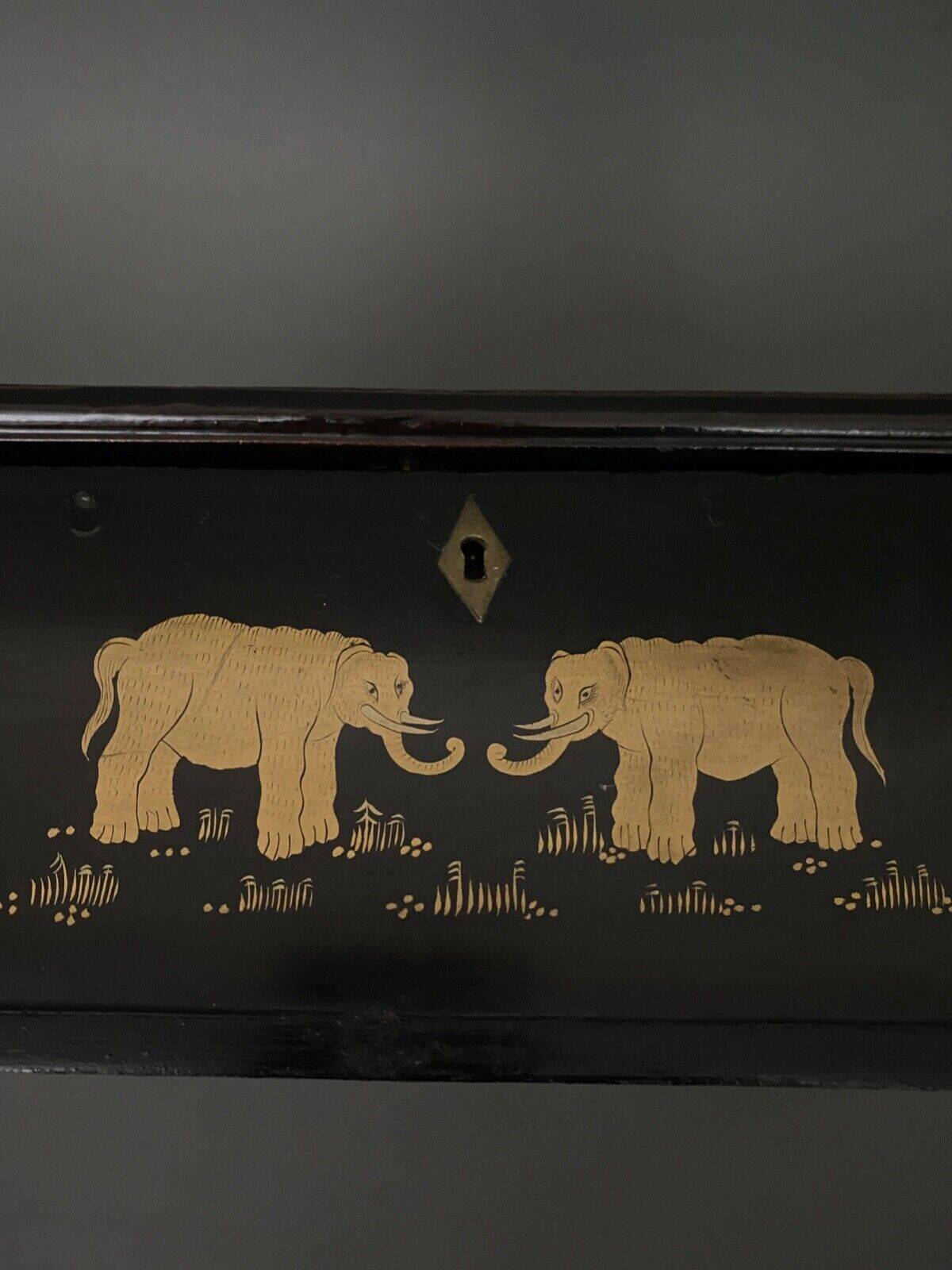 20th century Indian wooden box black lacquer decorated with animals with gold highlights
