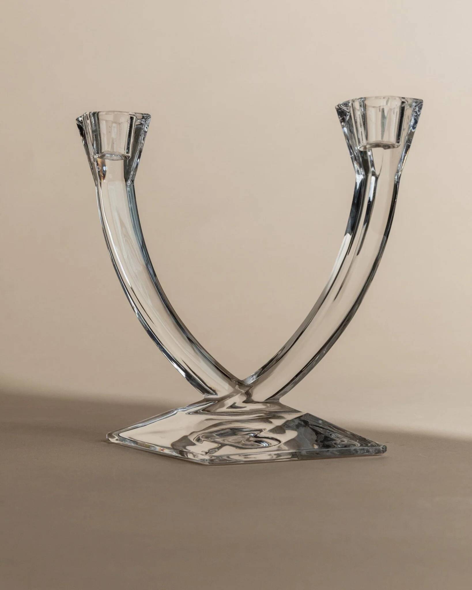 Photophore en verre transparent pour deux bougies - Design vintage des années 1980 Corba Italie, décoration de table en verre clair