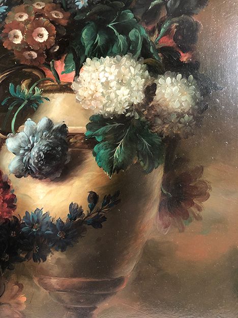 Tom Crowell, United Kingdom XXth, oil on panel "bouquet of flowers on entablature"