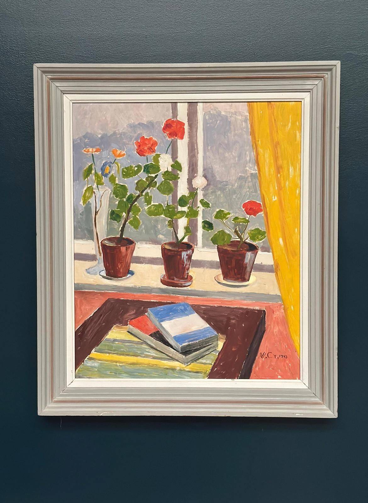 Original Swedish Oil On Panel – “Books And Blossoms” – Vintage & Framed – 91 × 77 Cm