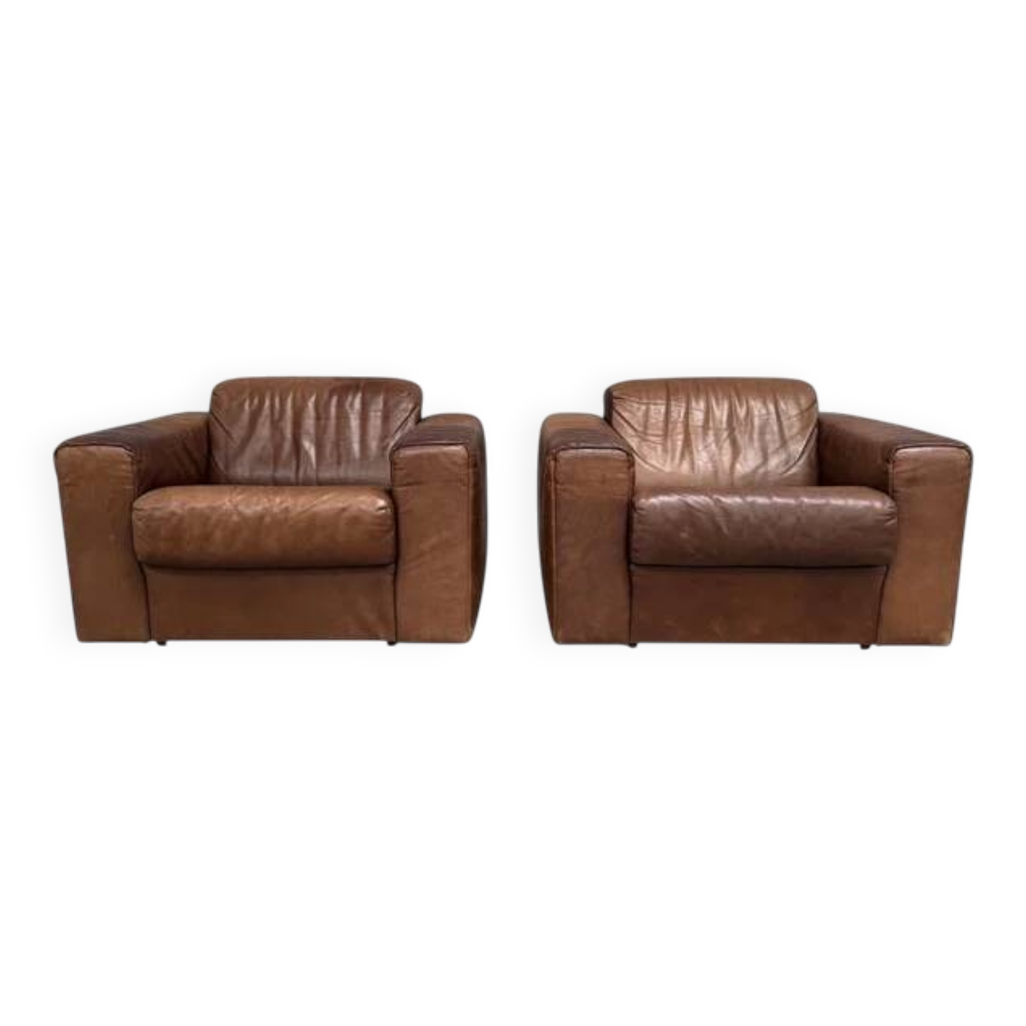 Ensemble de fauteuils en cuir marron vintage, années 1970.