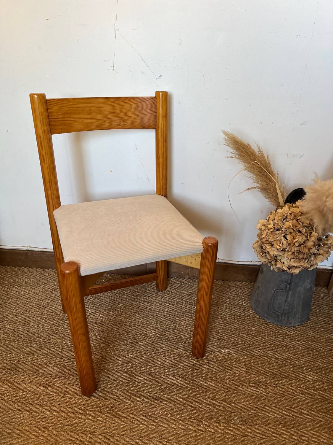 Vintage wooden chair with cream white corduroy seat