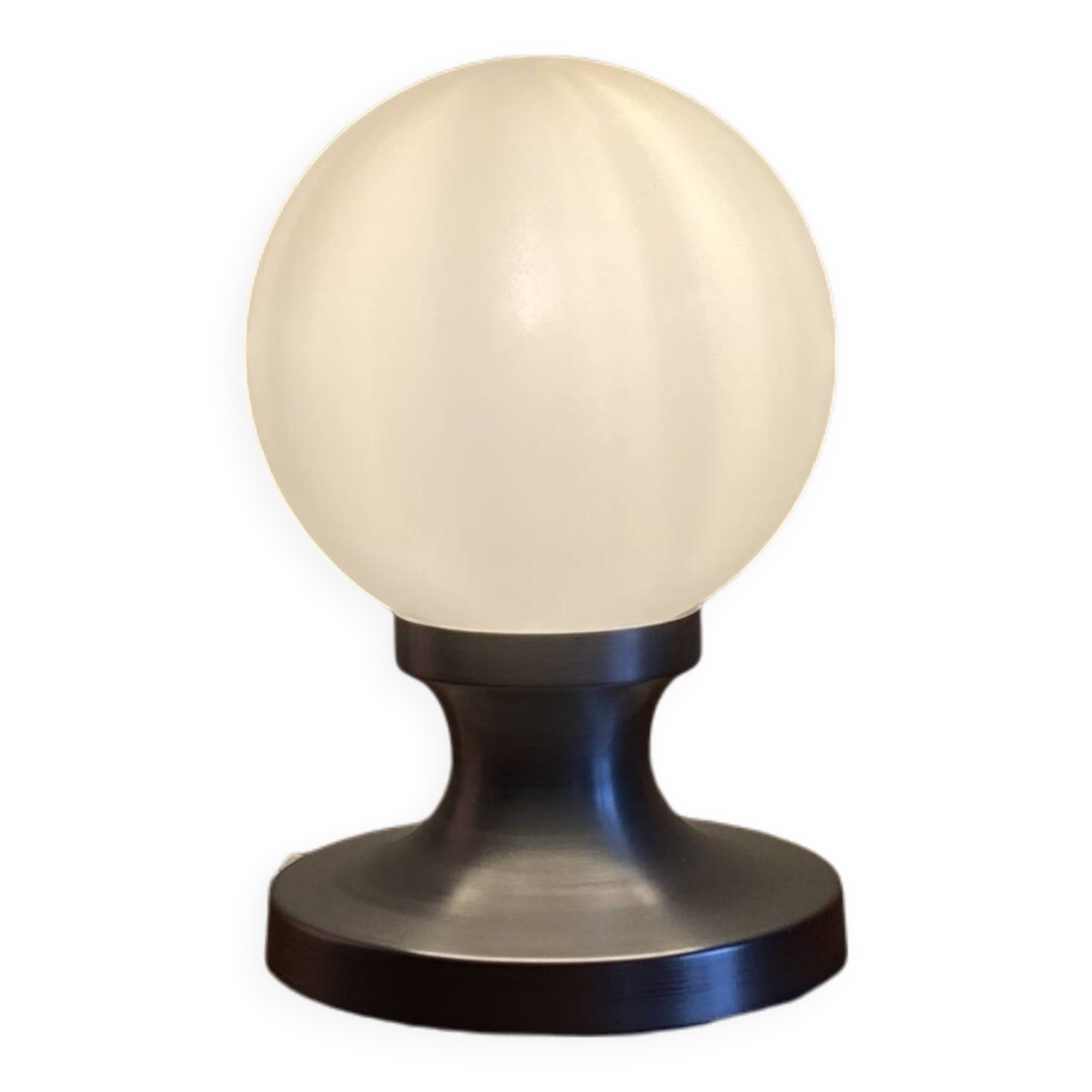 Small vintage table lamp in aluminum and white opaline glass globe LAMP-7362