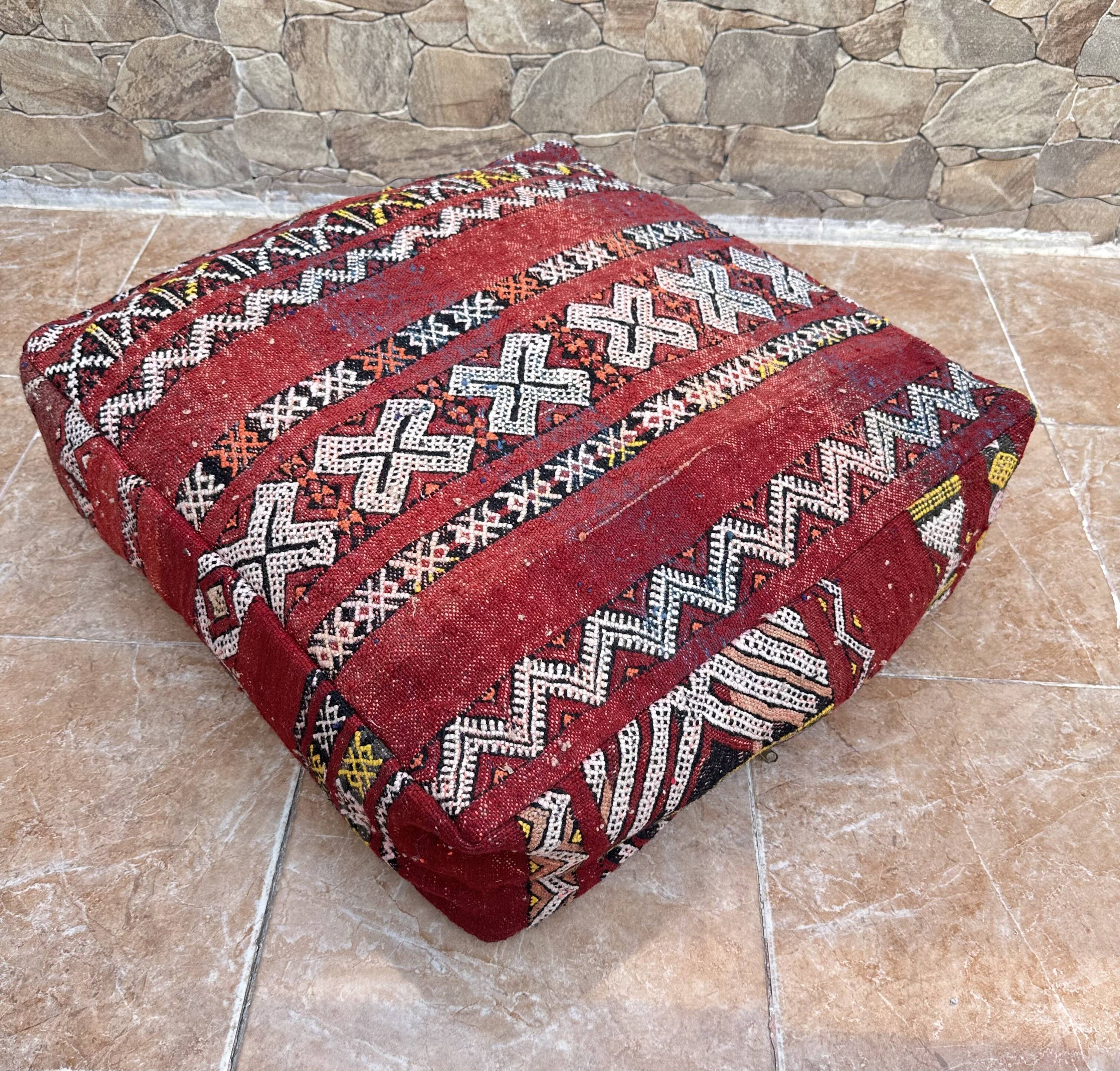 Vintage handmade Berber Kilim pouf, Moroccan floor cushion.