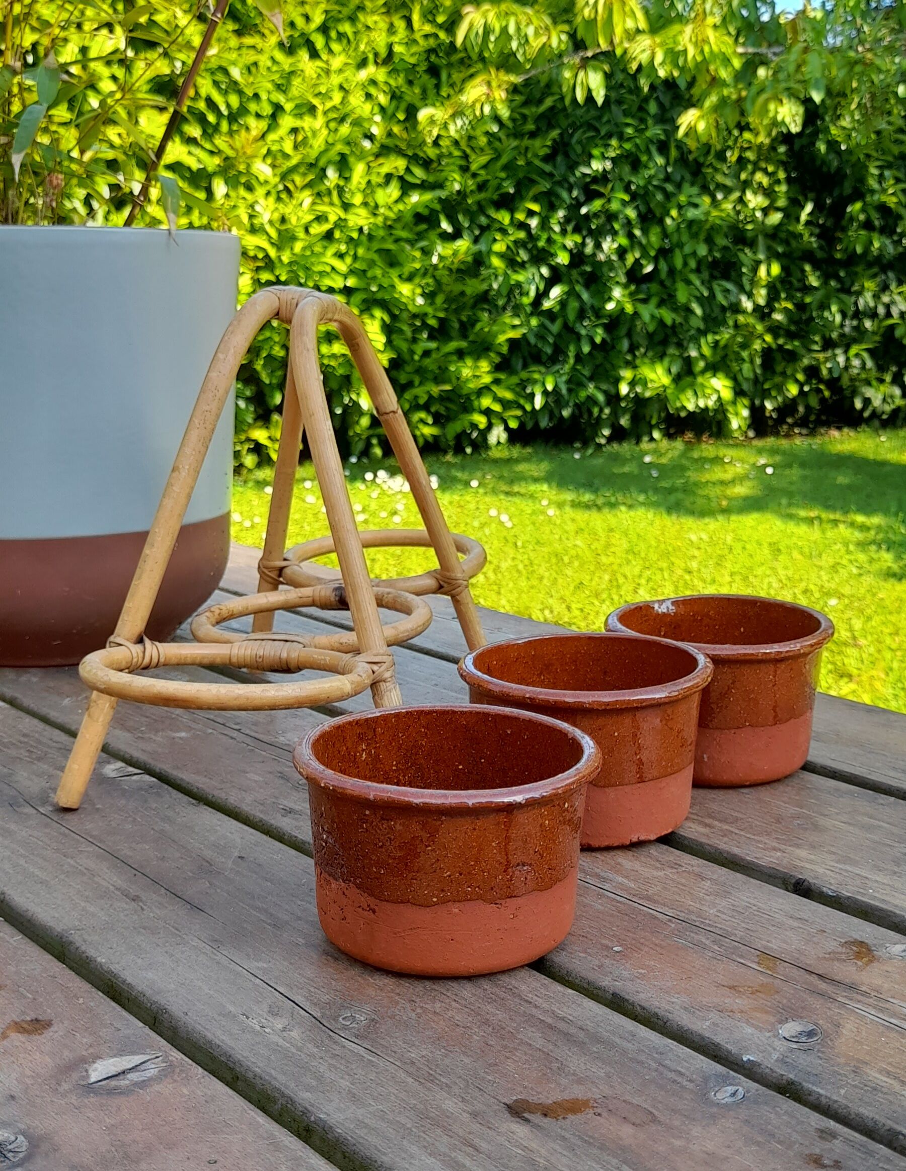 Original, plant door 3 pots sandstone and bamboo, 1970's