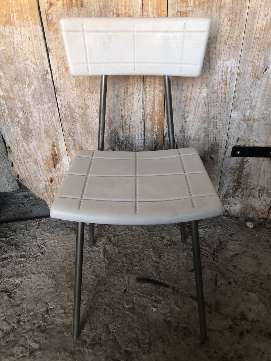 Gray metal children's chair + vintage white plastic seat & back