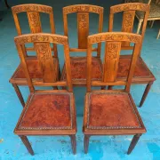 5 Art Deco Chairs in Carved Walnut, Upholstered with Studded Leather – 1920s