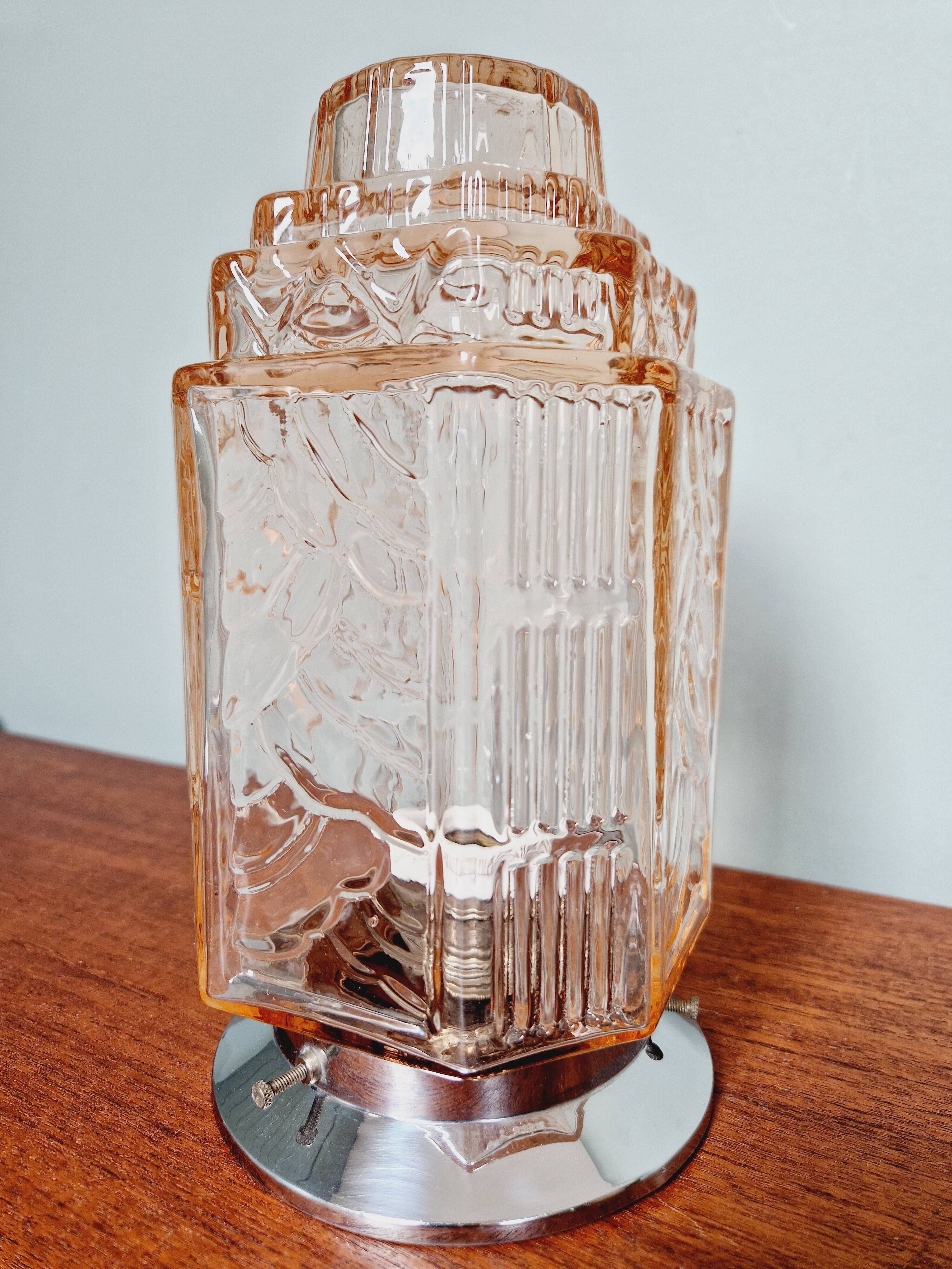 Art Deco Skyscraper Ceiling Light in Clear Pink Glass, 1920s-30s