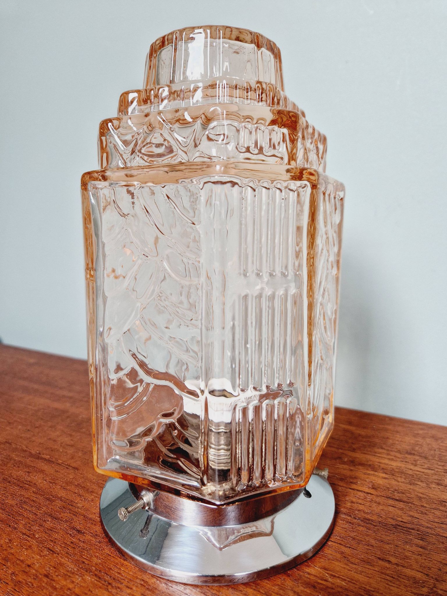 Plafonnier Art Déco Skyscraper en verre transparent rose, années 1920-30