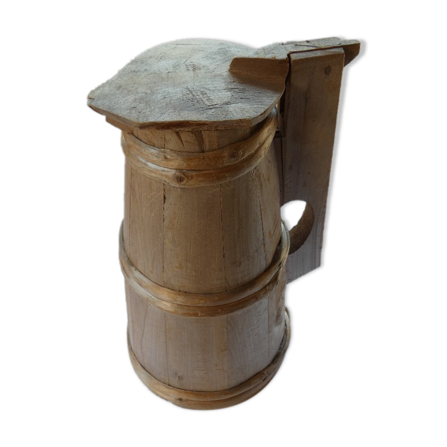 Ancien pichet  d'eau en bois forme tonneau vintage 1 litre couvercle abimé
