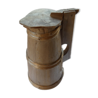Ancien pichet  d'eau en bois forme tonneau vintage 1 litre couvercle abimé