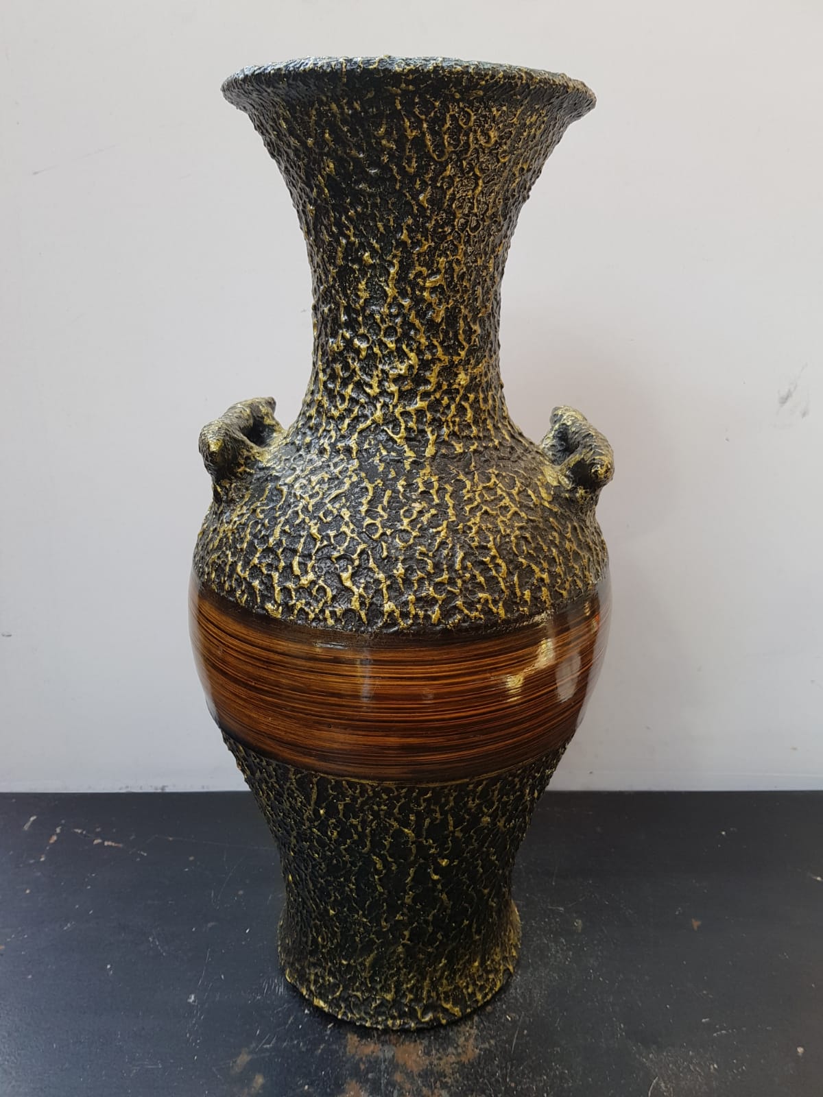 Vase large model black ceramic gold & brown vintage wood imitation