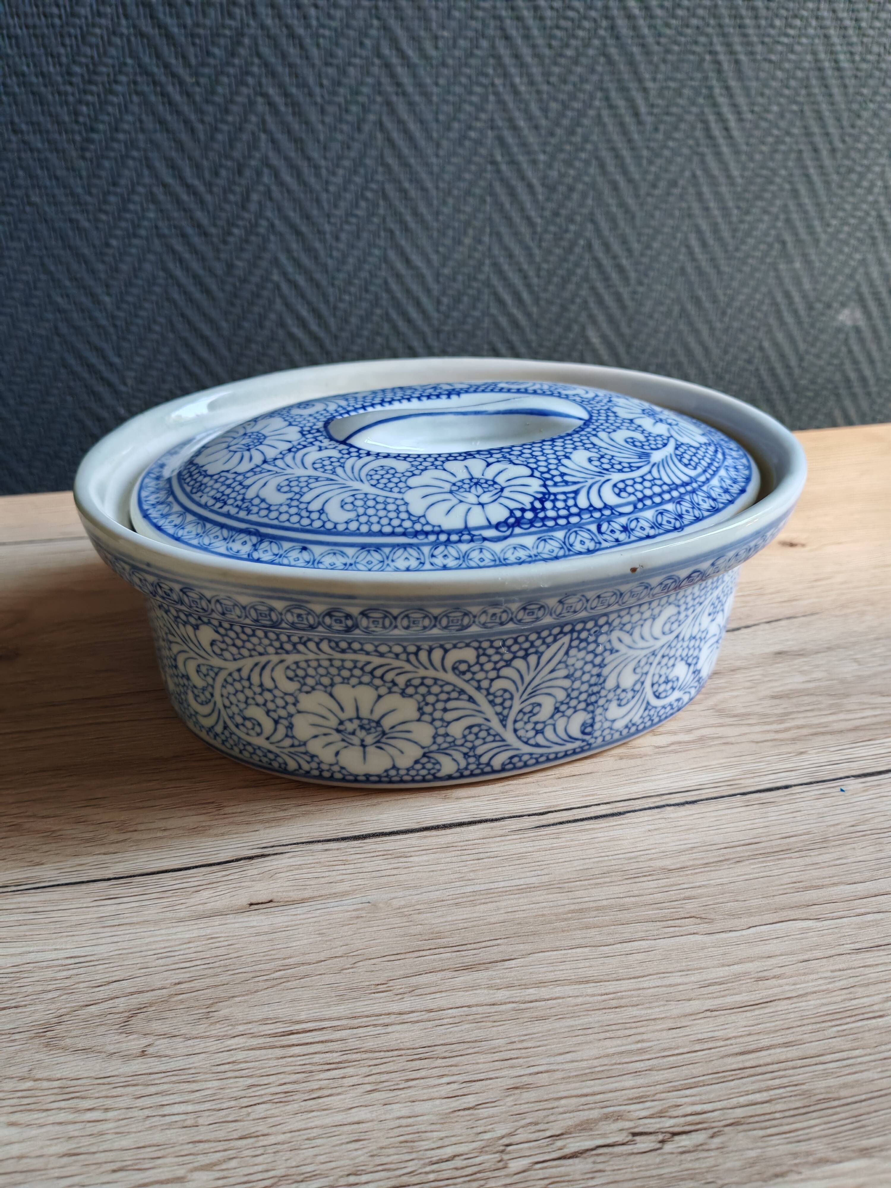 Oval Vintage Terrine in Blue and White Porcelain, Casserole with Lid