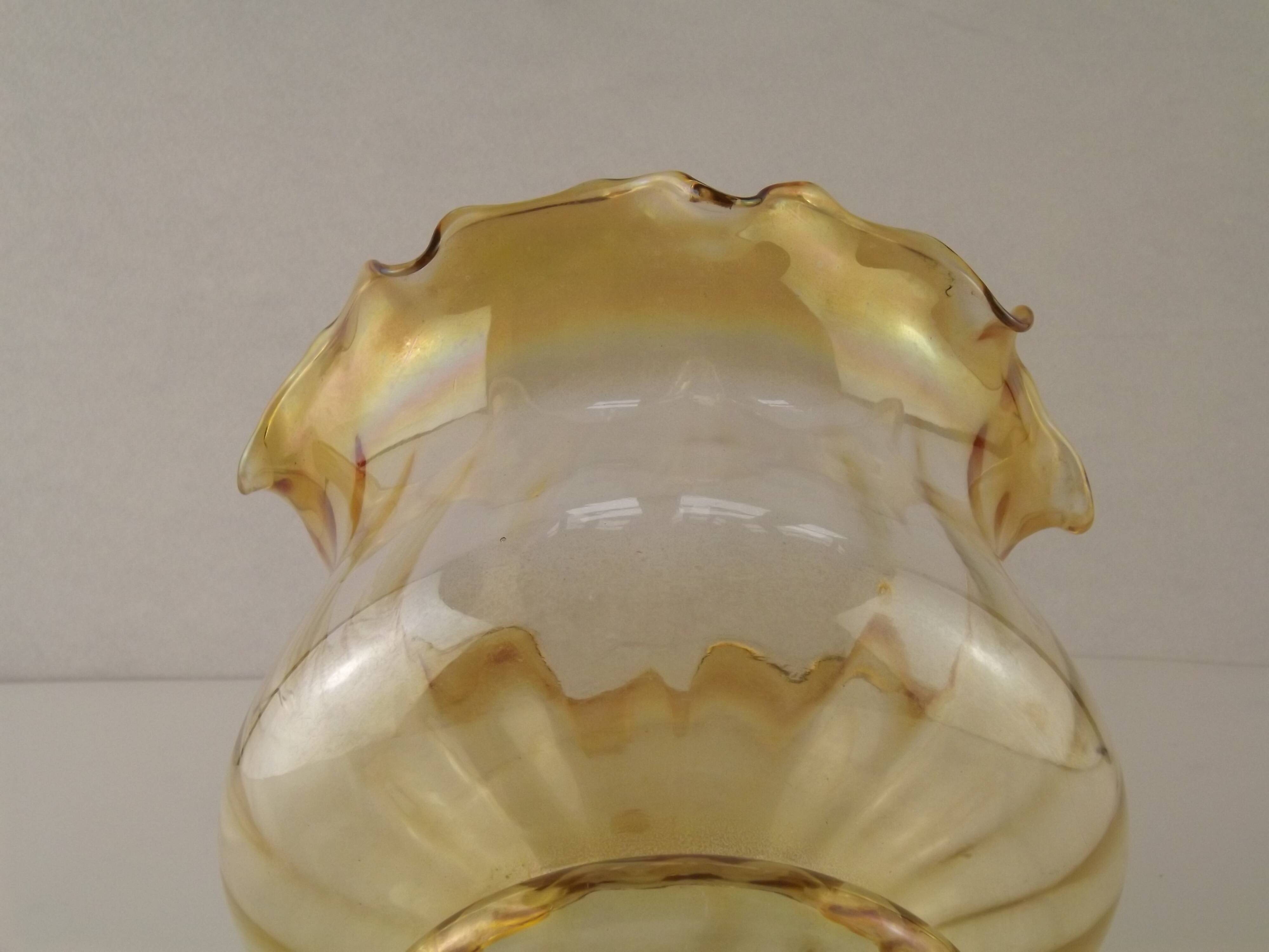 Large Mid Century Amber Glass Light Shade With Ribbed Effect & Frilled Edge