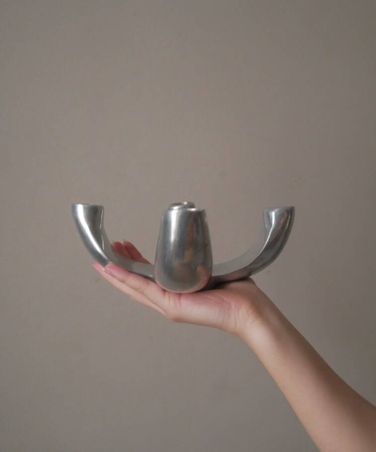 candle holder candlestick candelabra in aluminum silver metal Scandinavian decorative object