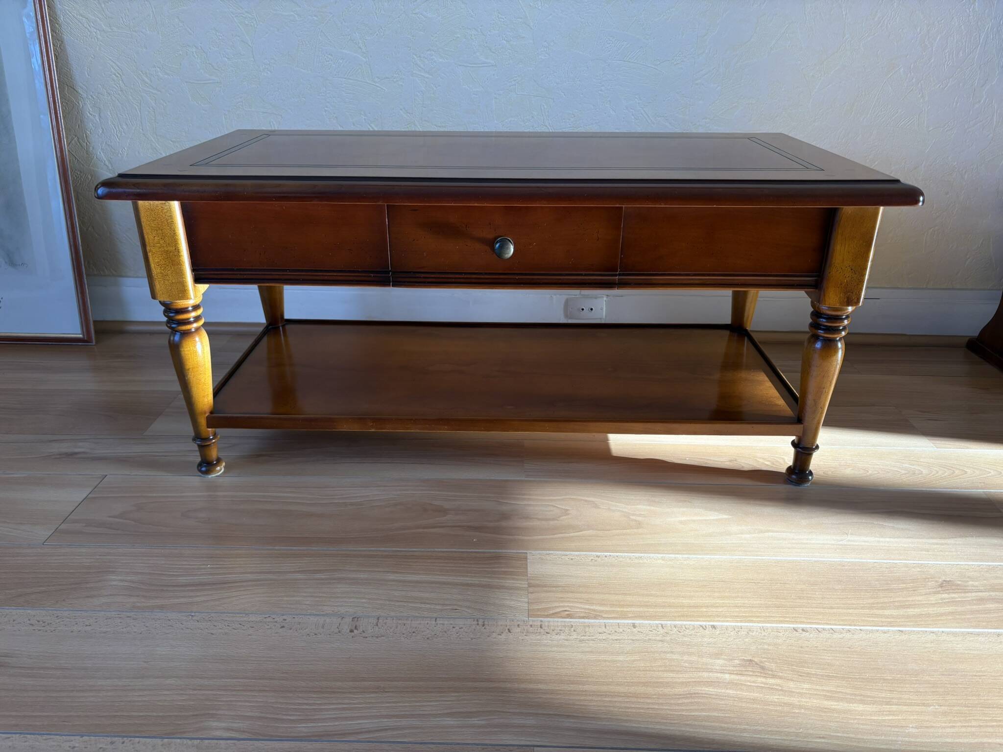 Vintage wooden coffee table with drawer and shelves