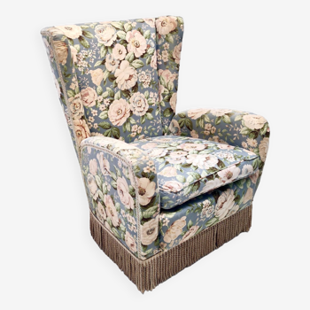 Fauteuil à oreilles tissu floral par Paolo Buffa, Italie vers 1950