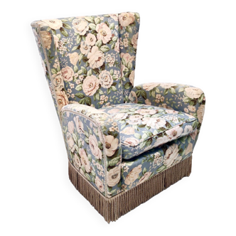 Vintage Authentic Floral Fabric Wingback Armchair by Paolo Buffa, Italy