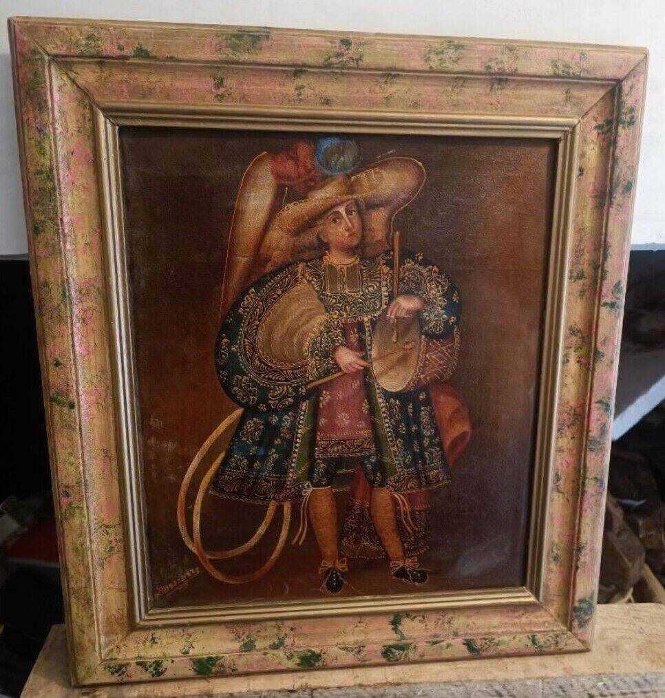 Ancienne peinture à l'huile religieuse représentant un ange musicien, école de Cuzco, XXe siècle.
