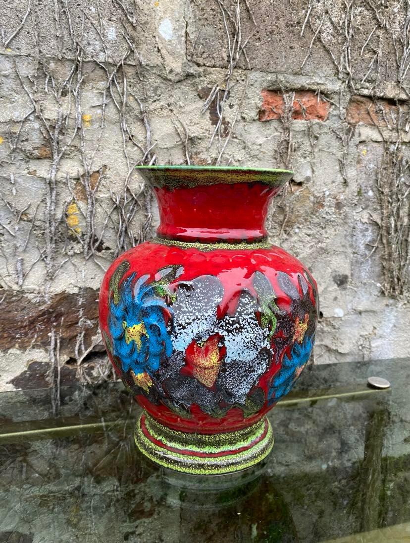 Vintage red vase germany year 70 fat lava floral decoration 70s