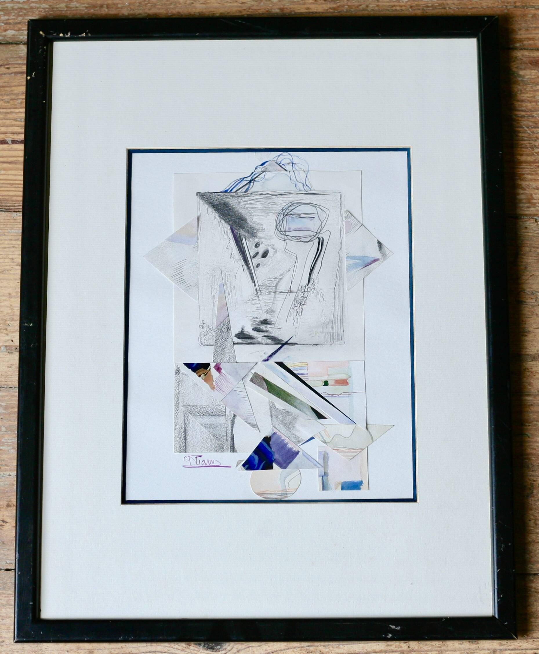 80s painting / framed drawn paper collages