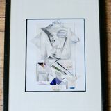80s painting / framed drawn paper collages