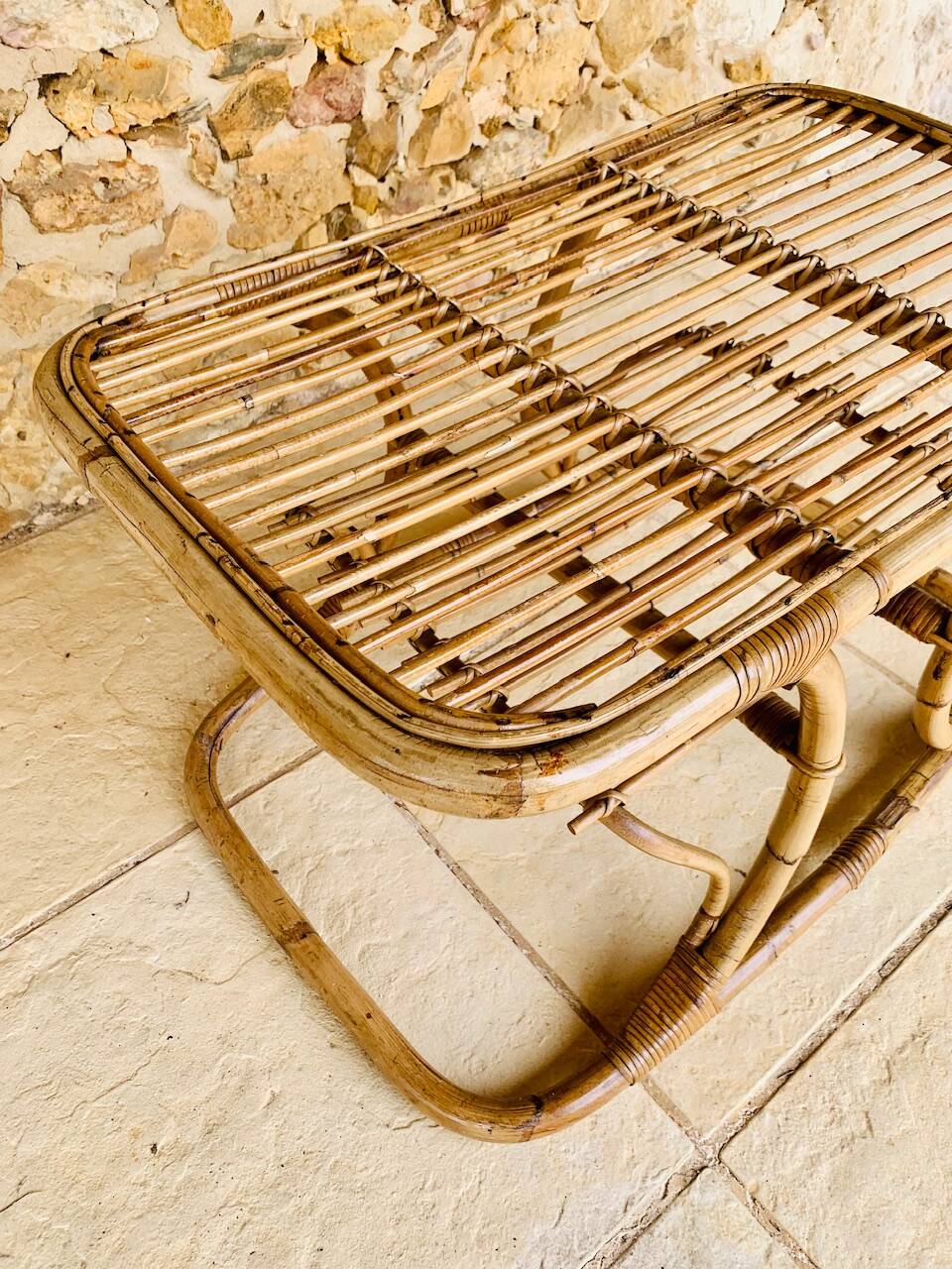 Table basse vintage en bambou et rotin dans le goût de Tito Agnoli, circa 1960