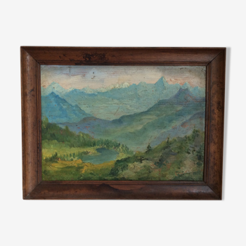 Tableau ancien, paysage de montagne