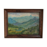 Tableau ancien, paysage de montagne