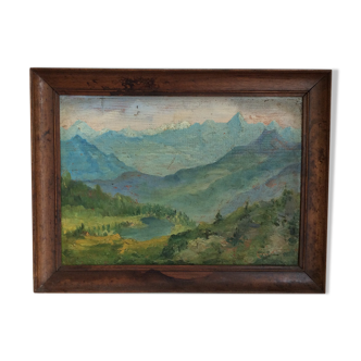 Tableau ancien, paysage de montagne