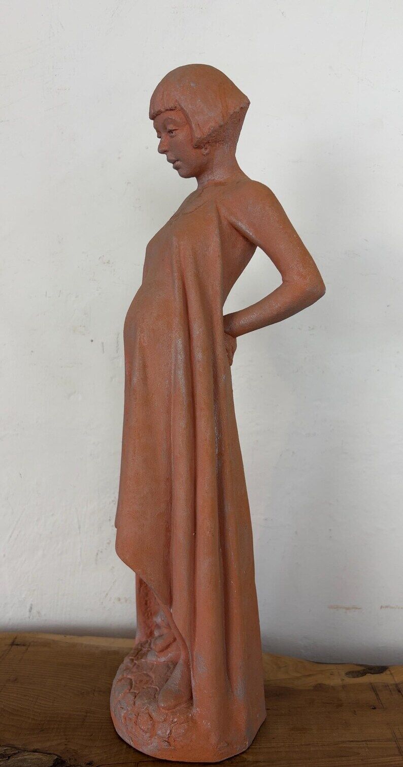 Vintage Terracotta Pregnant Woman Sculpture – Mid-Century Style Maternity Art Figurine
