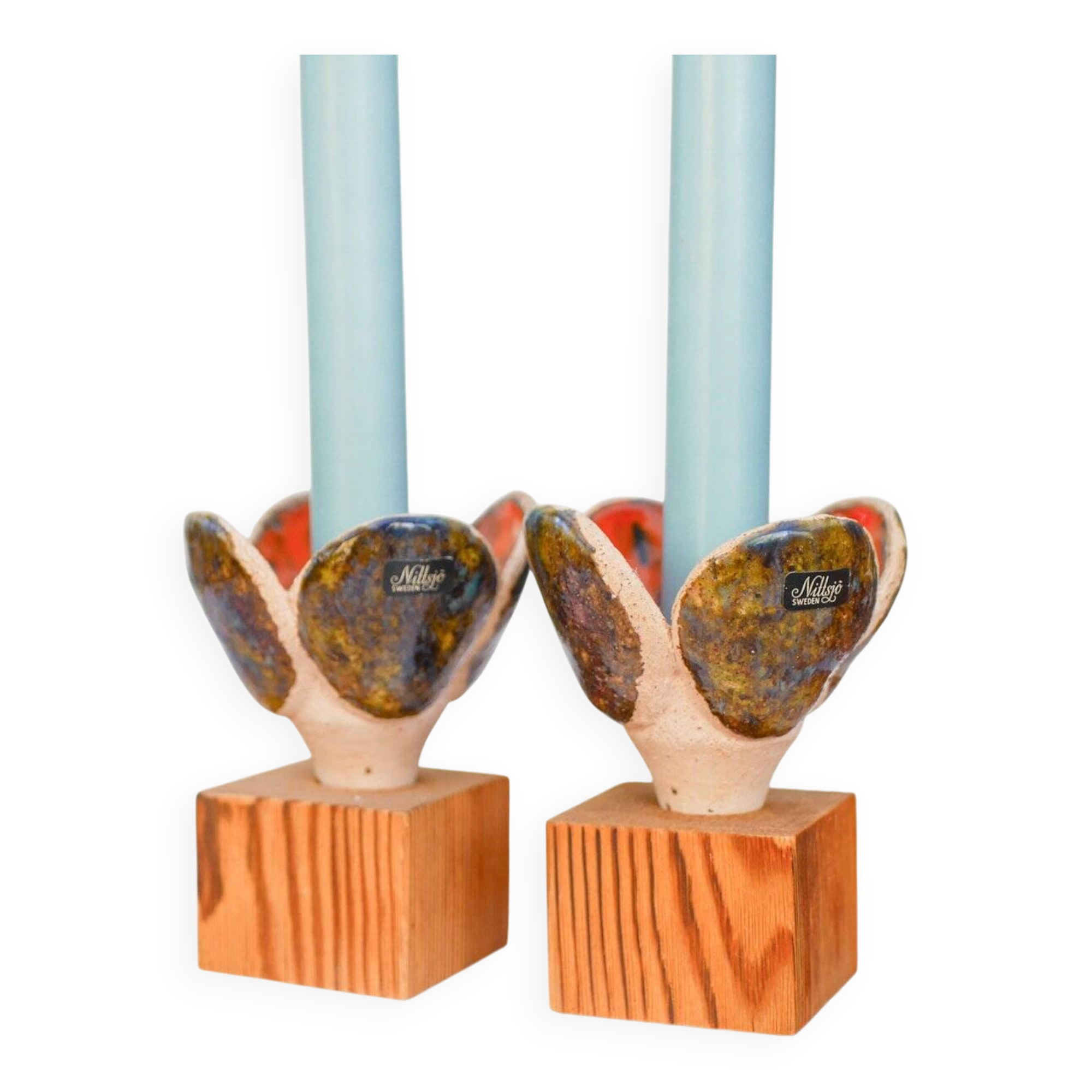 Bougeoirs en céramique et en bois de Nittsjö, Suède, années 1970, ensemble de 2