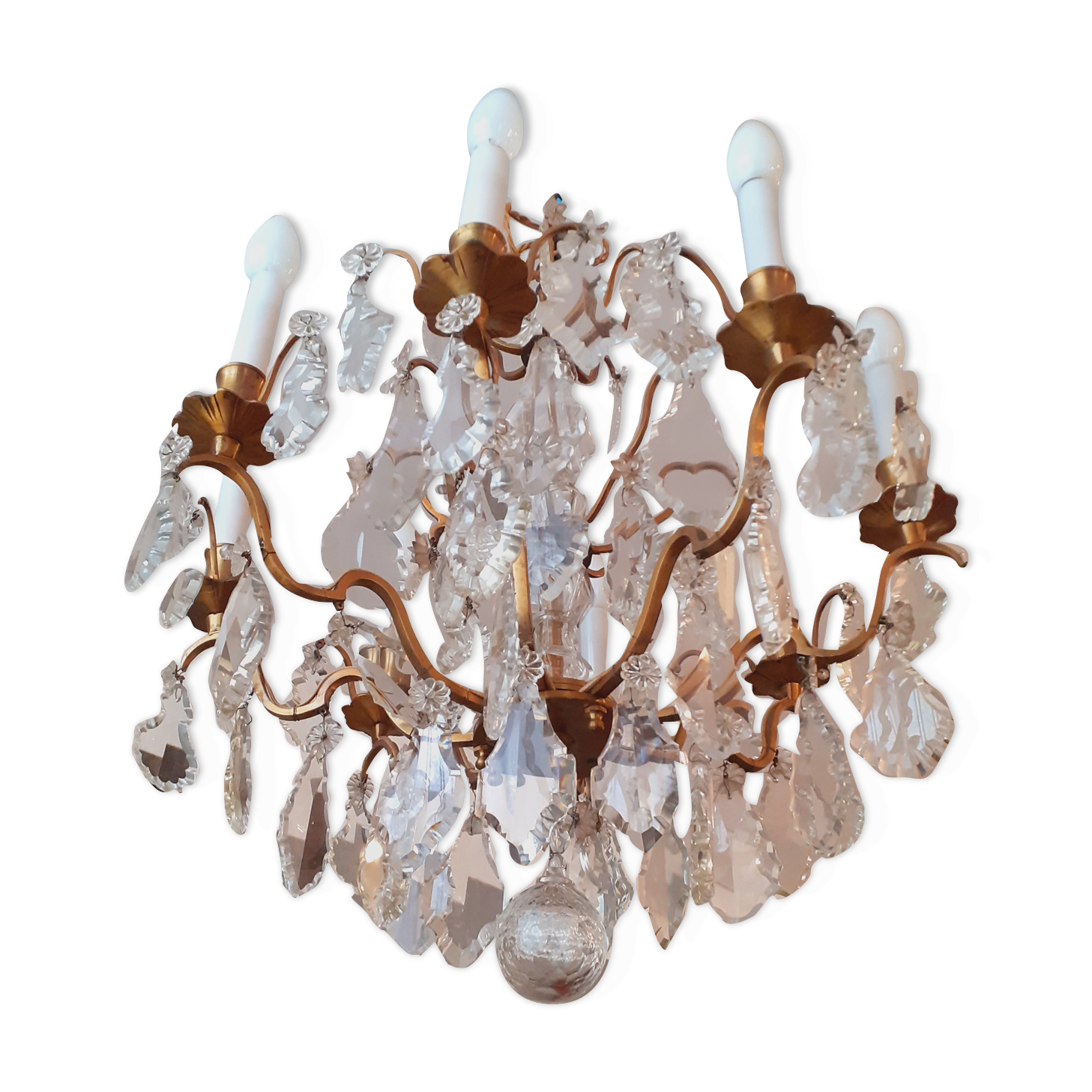 Chandelier cage with grapevines 8 lights Louis XV style in bronze and crystal around 1900