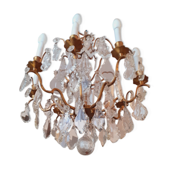 Chandelier cage with grapevines 8 lights Louis XV style in bronze and crystal around 1900