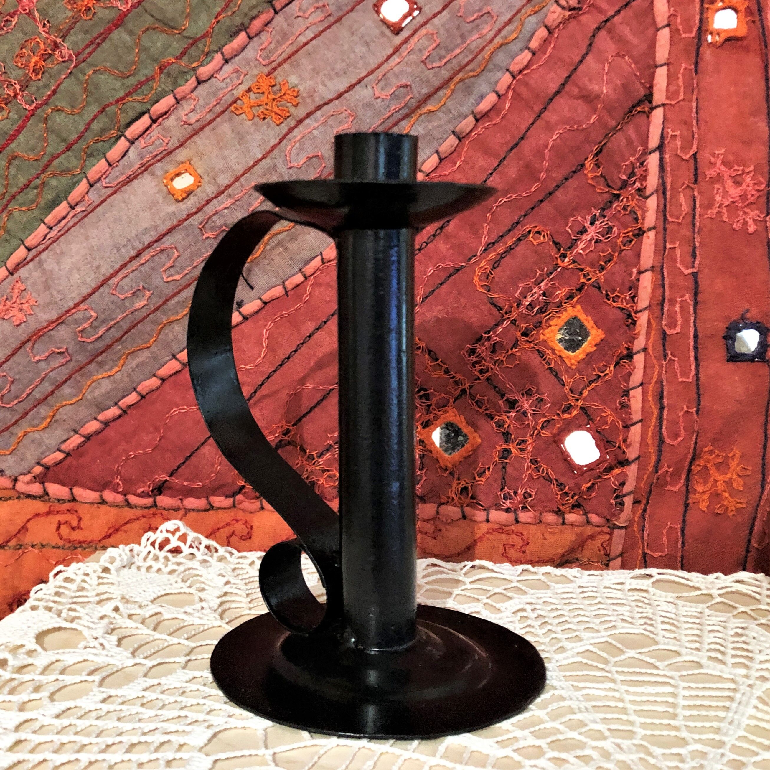 Bougeoir à main artisanal fer forgé noir vintage