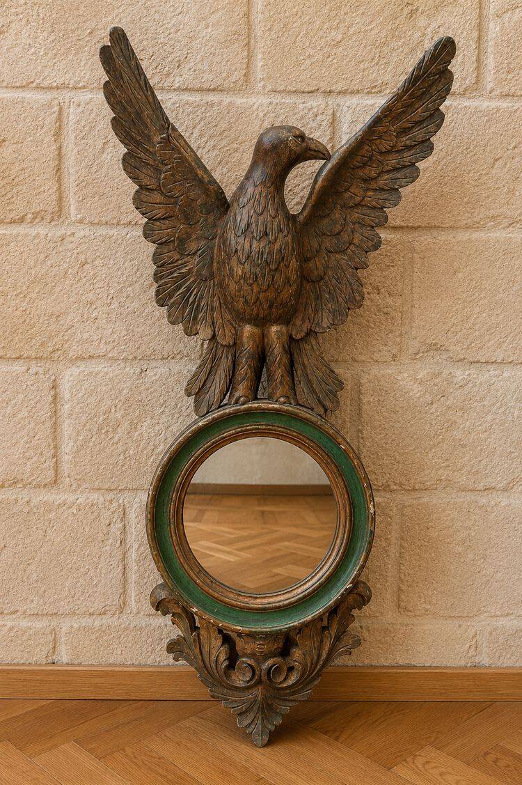 Empire style mirror with an eagle in carved and polychrome wood – late 19th century