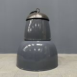 Grande lampe à suspension industrielle ancienne en émail bleu-gris