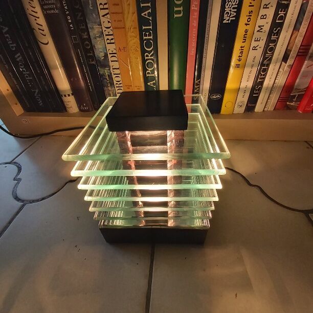 Demeter wood and glass lamp Maison Desny 1980