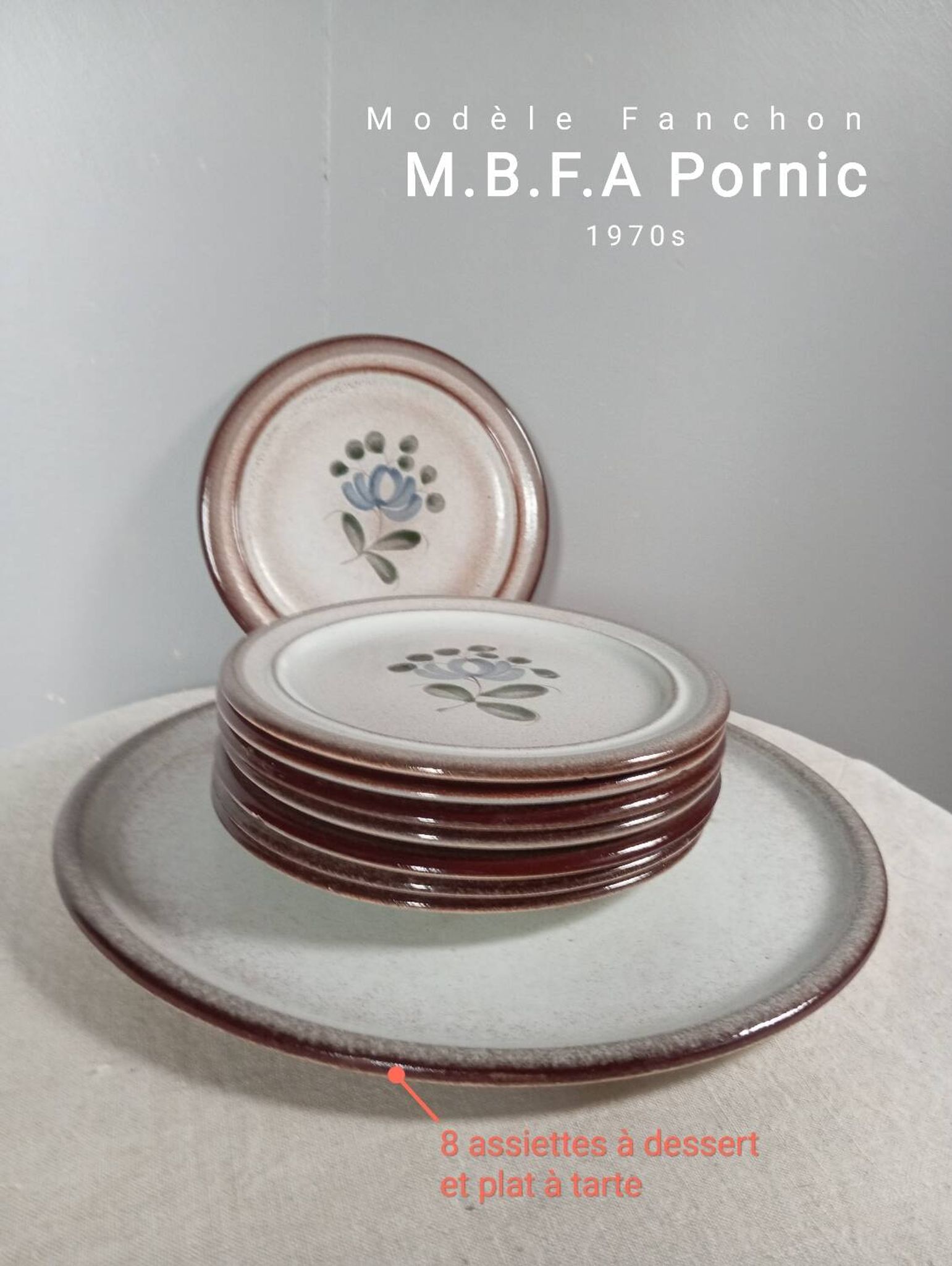 8 dessert plates + brown/blue stoneware tart dish, Fanchon model by MBFA Pornic, 1970s