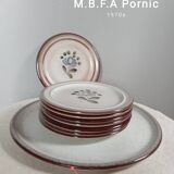 8 dessert plates + brown/blue stoneware tart dish, Fanchon model by MBFA Pornic, 1970s
