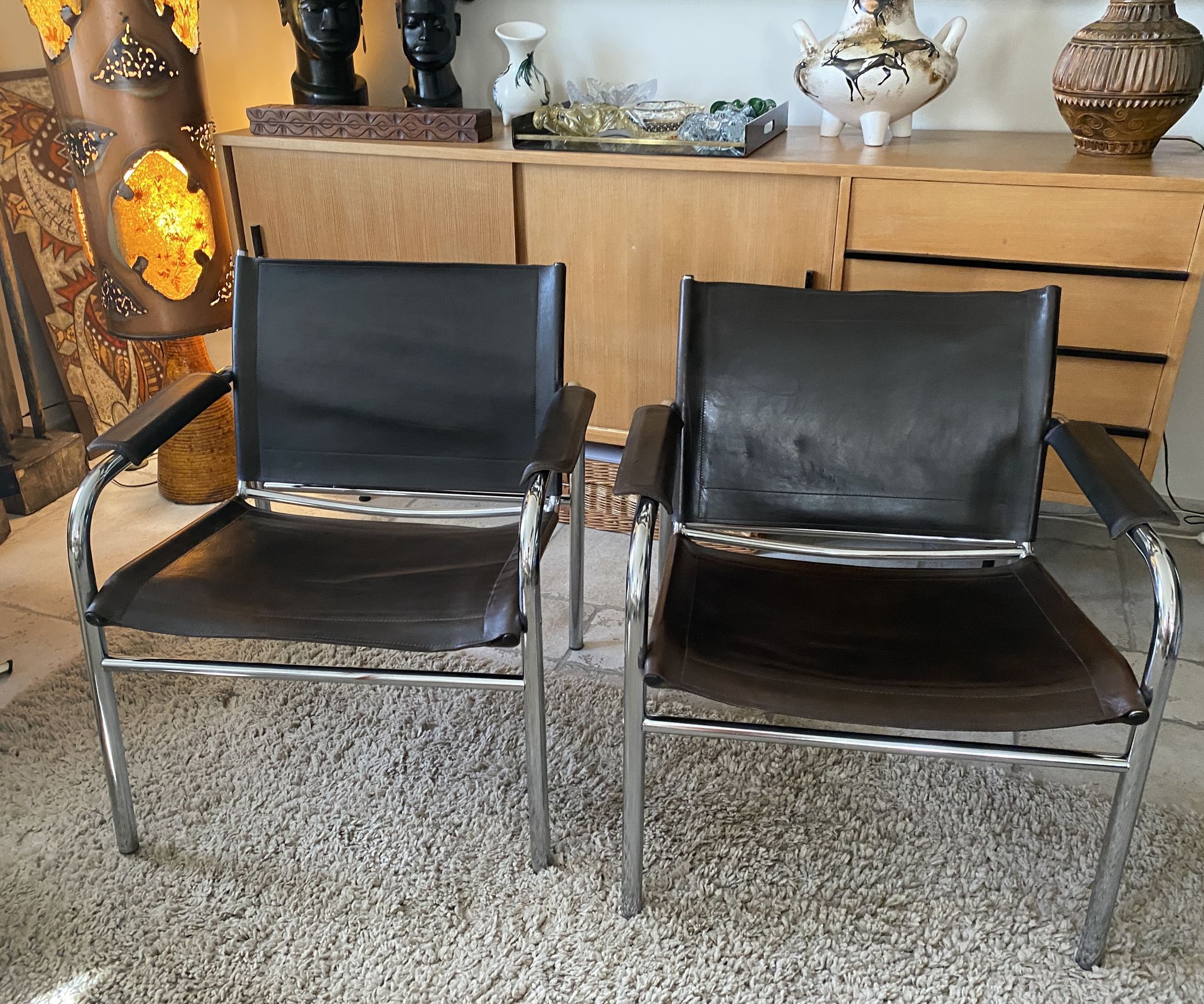 Pair of Klinte armchairs, Tord Bjorklund style, in brown leather, 1980