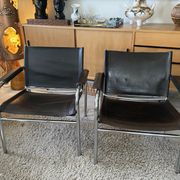 Pair of Klinte armchairs, Tord Bjorklund style, in brown leather, 1980